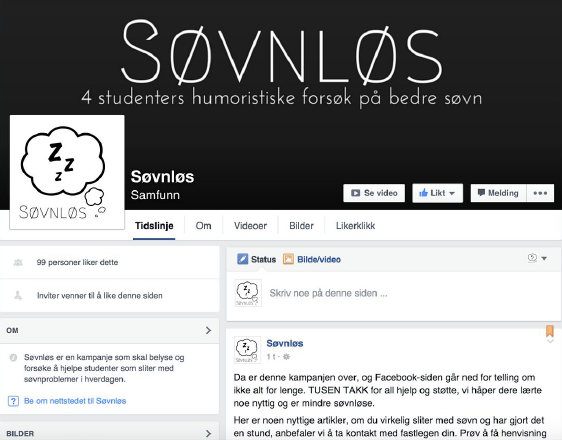 Kampanje i sosiale medier - Facebook-skjermbilde Søvnløs-case